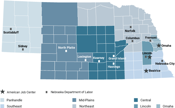 Map of Nebraska separated into areas: panhandle, central, Grand Island, Northeast, Southeast, Lincoln, Omaha