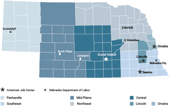 Map of Nebraska separated into areas: panhandle, central, Grand Island, Northeast, Southeast, Lincoln, Omaha